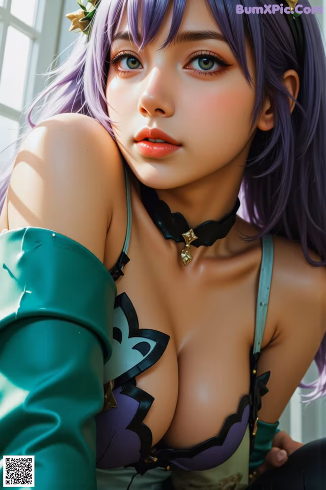A woman with purple hair wearing a green and purple outfit.