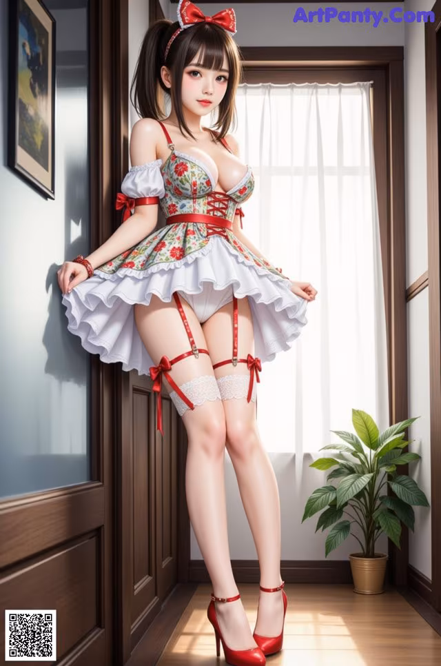 A woman in a white dress and red stockings posing for a picture.
