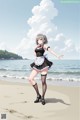 A woman in a maid outfit standing on a beach.