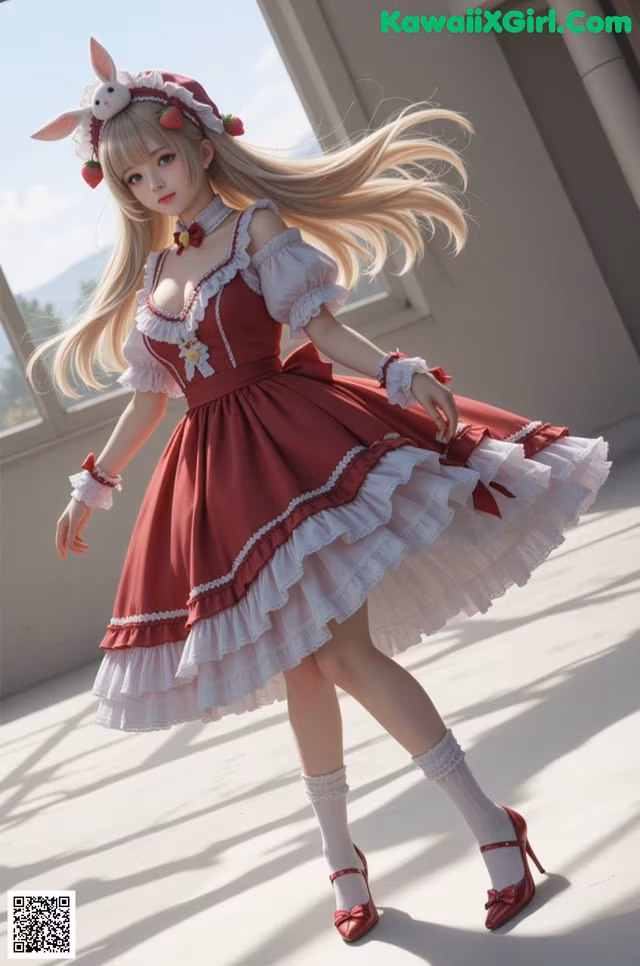 A woman in a red and white dress with a bunny hat.