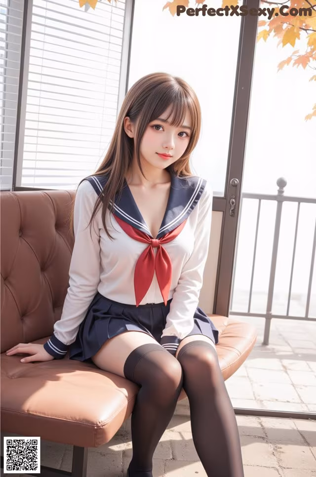 A woman in a school uniform sitting on a couch.