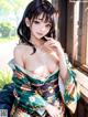 A woman in a kimono sitting on a window sill.