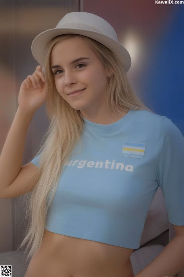 A woman wearing a blue shirt and a white hat.