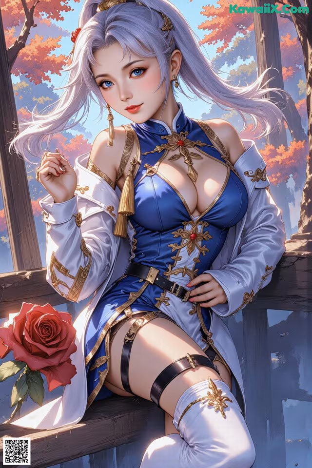 A woman in a blue dress sitting on a wooden fence.