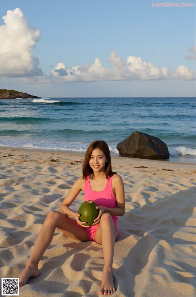 A woman in a pink bathing suit sitting on a beach holding a coconut.