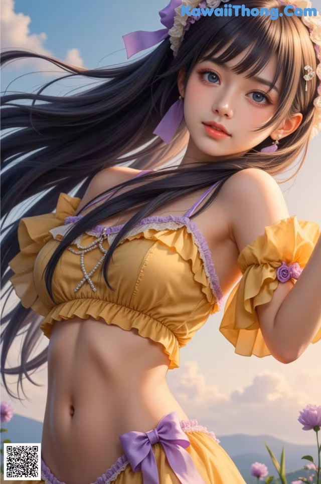A woman in a yellow bikini with a flower crown on her head.