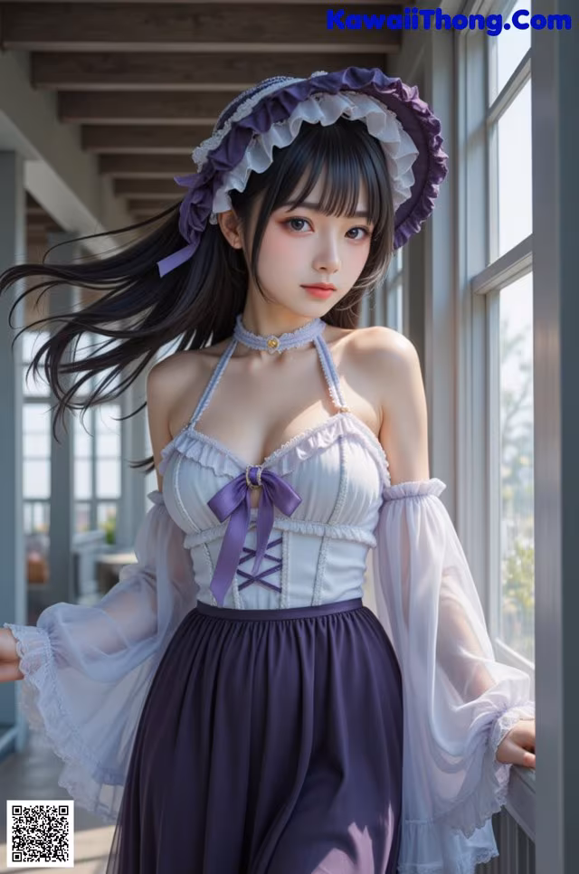 A woman in a purple and white dress and a purple hat.