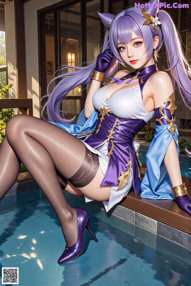 A woman in a purple and white outfit sitting on a ledge.