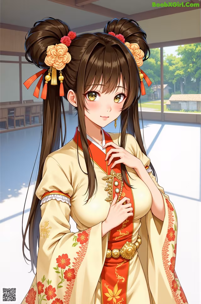 A woman in a chinese dress with long hair and flowers in her hair.