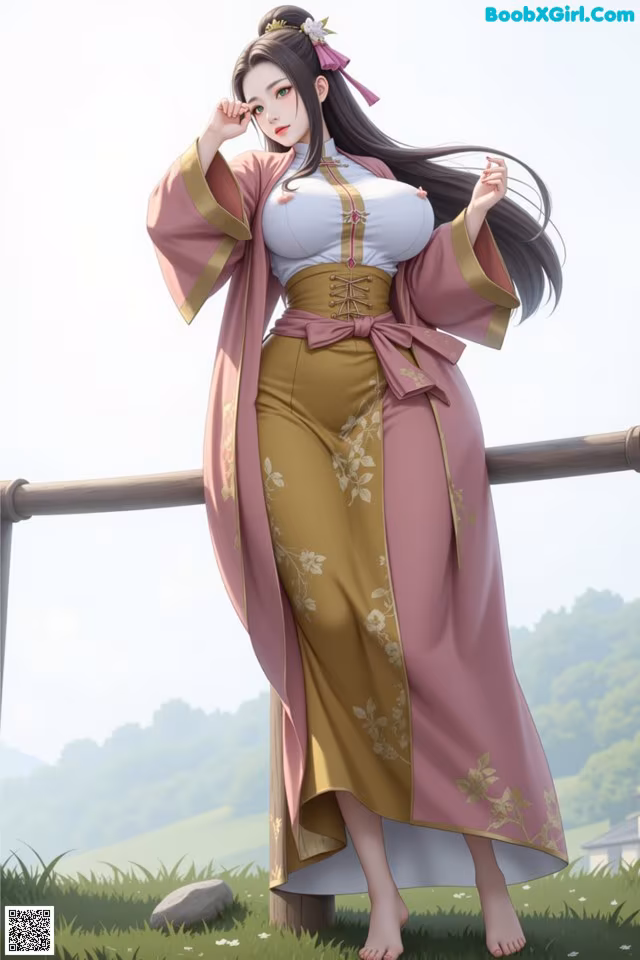 A woman in a pink and gold kimono standing on a fence.