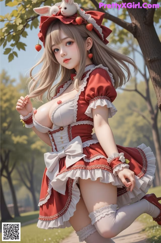 A woman in a red and white dress and a bunny hat.