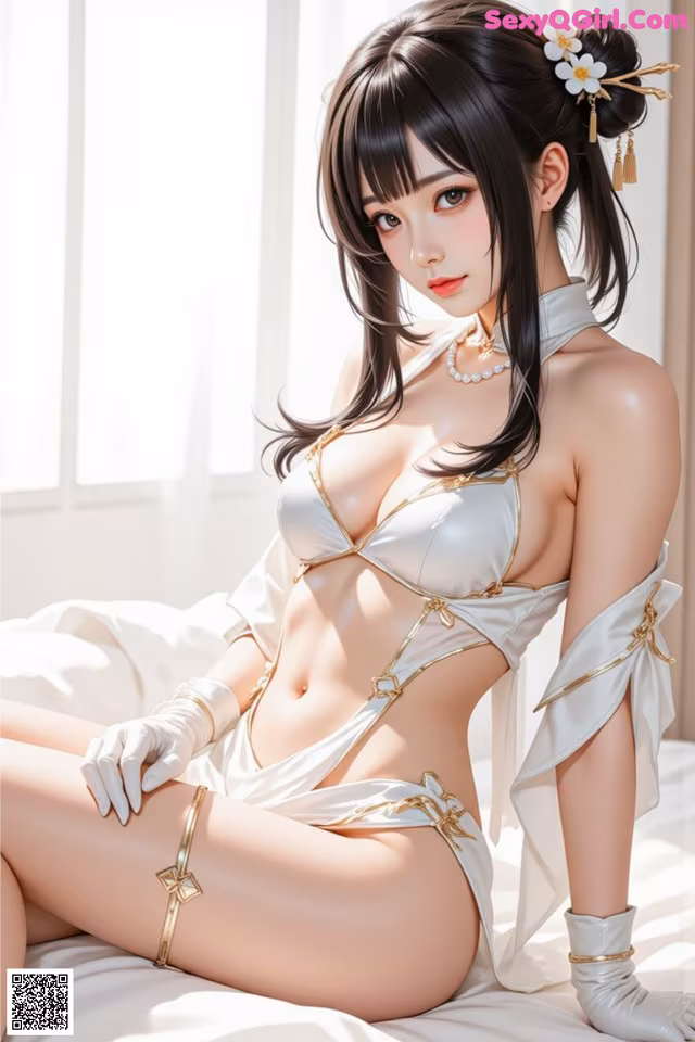 A woman in a white lingerie sitting on a bed.