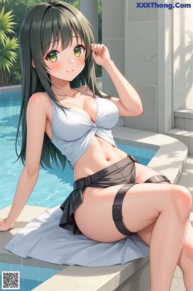 A woman in a bikini sitting by a swimming pool.